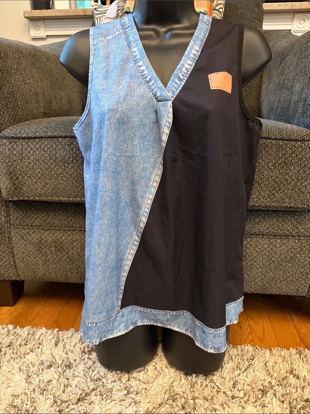 Shein Sleeveless Two-Tone Denim & Black V-Neck Women's Top size Small